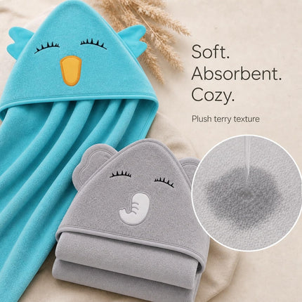 2 Pack Hooded Baby Towel Rayon Made from Bamboo and 8 Washcloths - Lovely Elephant, Happy Bird