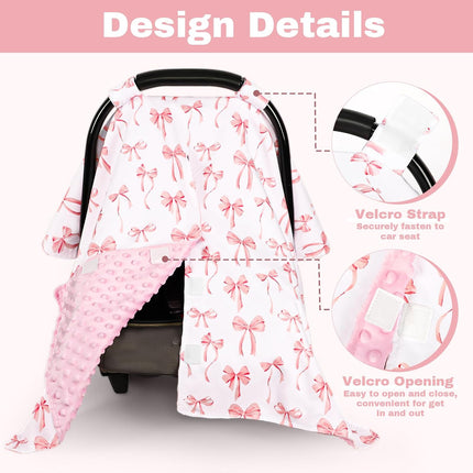 Baby Car Seat Cover, Minky Carseat Cover Baby Girl, Peekaboo Opening Infant Car Seat Cover, Warm Baby Car Seat Canopy for Winter, Pink Bow