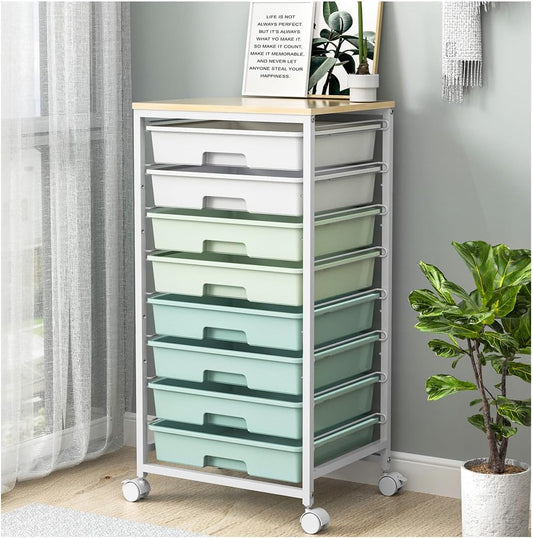 Rolling Storage Utility Cart Organizers with 8 Drawers and Wooden Tabletop for Living Room,Office,Classroom,Craft