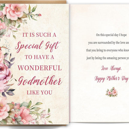 Mother’s Day Card for Godmother, Mothers Day Gift for Godmother, 5.3 x 8 inches, Luxury Kraft Envelope with Gold Seal Sticker