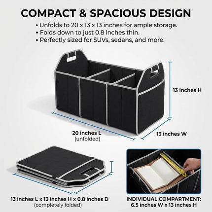 Car Trunk Organizer, Multi-Compartment Trunk Organizer, Foldable and Dividers Collapsible Car Storage Bin, Durable for Vehicle and Home Use, Easy Organization(Black)
