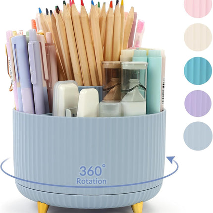 SKYDUE 360 Degree Rotating Desk Organizer, Dual-Purpose Pencil Pen Holder, Rotating Desk Pen Organizer with 5 Slots, Pencil Cup for Office, School, Home (Airy Blue)