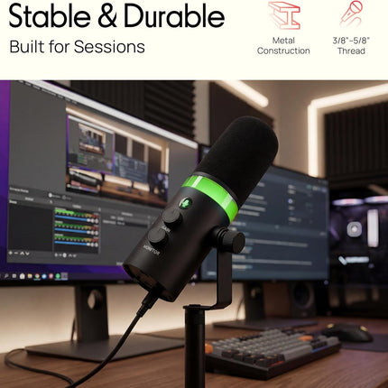Pyle Dynamic Microphone, Dual Input USB/XLR Podcast Recording, PC Streaming Studio Mic with RGB Light, Mute Button, Desktop Stand, Headphone Jack, & Volume Control - Gaming & Voice-Over (PDMIC7B)