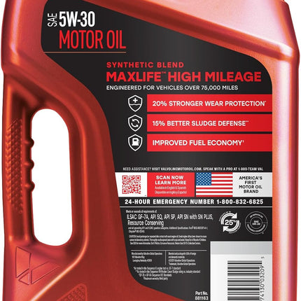 Valvoline MaxLife High Mileage 5W-30 Synthetic Blend Motor Oil 5 Quart