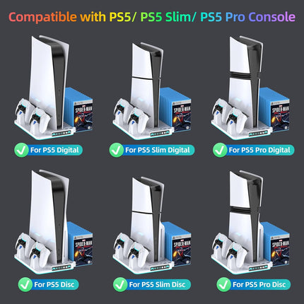 PS5/Slim/Pro Cooling Stand for Disc&Digital with Dual Controller Charging, Multi-Function P5 Accessories 3-Level Cooling Fan, 9 Lighting Modes with Games Storage Slot, White