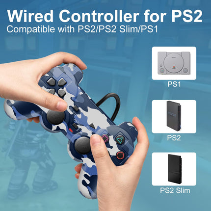 ADHJIE PS2 Controller, 2 Packs Wired Controller Compatible with PS2/PS2 Slim/PS1/PC Windows, Replacement Wired PS2 Controller with Dual Shock Vibration, Plug and Play