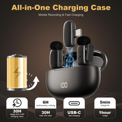 Wireless Lavalier Mini Microphone for iPhone ipad Android, 30H Long Battery Life, 100FT Wireless Range, Noise Cancellation, Plug & Play for Vlogging, Video Recording, Podcast, YouTube, TikTok
