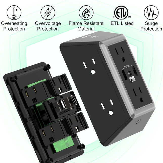 Outlet Extender Power Strip, 6 AC Surge Protector Outlets with 3 USB Ports (1 USB C) and Night Light - photo 2