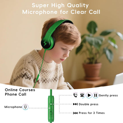 Candy Bila Kids Headphones, Wired Headphones for Kids Over Ear with Microphone, 85/94dB Volume Limiter Headphone for Girls Boys, Foldable Headphone for Learning & Entertainment, Black and Green
