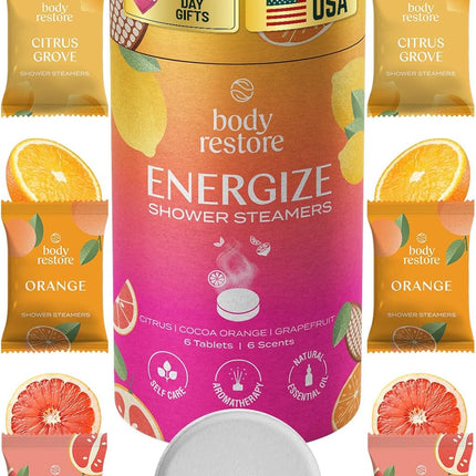 Body Restore Shower Steamers Aromatherapy 6 Pack – Mothers Day Gifts for Mom, Birthday Gifts for Women, Relaxation Stress Relief Self Care – Citrus Essential Oil Tablets