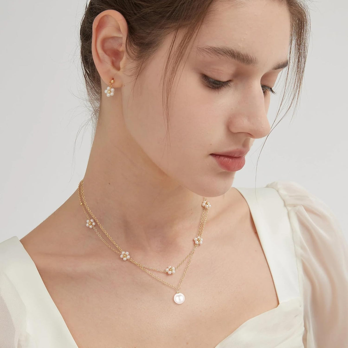 Pearl Necklaces for Women, Gold Pearl Choker Single Pendant Necklace Layered Daisy Prom Wedding Strands - photo 5