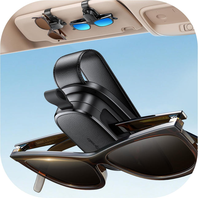 Sunglass Holder for Car, Upgrade 360° Rotating & One-Hand Operation Magnetic Glasses Clip, Leather Sun Eyeglass Visor