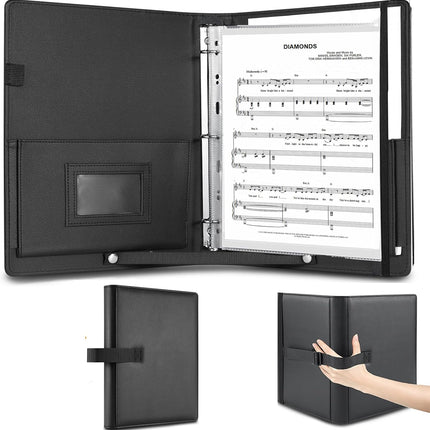 AiDor PU Leather Choir Music Folder, 3 Ring Black Binder with Adjustable Band,Sheet Music Folder fit Letter Size, for Choral Performances at Concerts