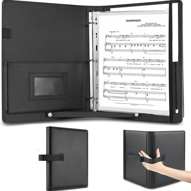 PU Leather Choir Music Folder, 3 Ring Black Binder with Adjustable