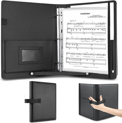 PU Leather Choir Music Folder, 3 Ring Black Binder with Adjustable