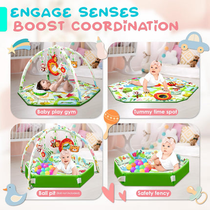 Baby Play Mat,Tummy Time Mat with 6 Detachable Toys-Activity Gym for Visual, Auditory & Motor Development-Washable Baby Activity Mat for 0-12 Month Infants(Animal Theme)