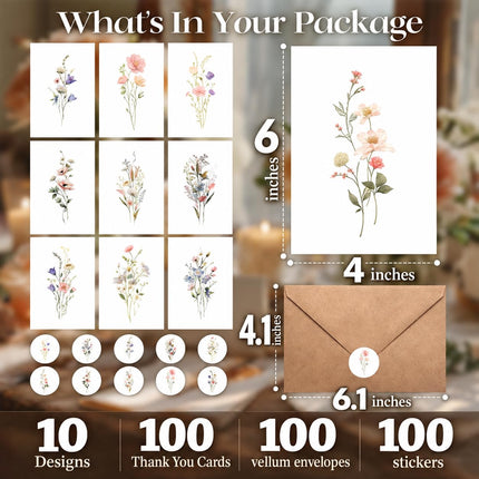 100 PACK Tarjetas en Blanco con Sobres, Tarjetas de Felicitación en Blanco 4x6, Tarjetas de Notas Florales con Sobres Peel-and-Seal, Set de Papelería Vacío para Todas las Ocasiones