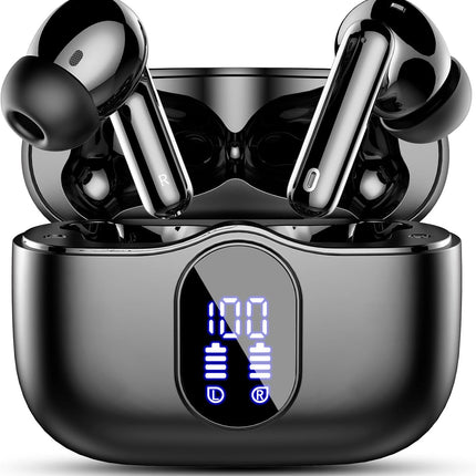 Wireless Earbuds, Bluetooth 5.4 Headphones Bass Stereo, Ear Buds with Noise Cancelling Mic, LED Display in Ear Earphones Clear Calls, IP7 Waterproof Bluetooth Earbuds for Phones/Sports/Laptop, Black