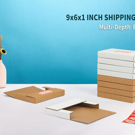 9x6x1 Inch Shipping Boxes, Brown Corrugated Cardboard, Multi-Depth DVD Mailer Boxes with Fragile Stickers, 25 Pack