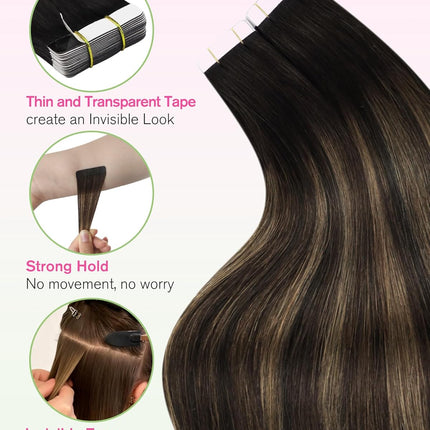 YoungSee 18 Inch Tape in Extensions Human Hair Brown Balayage Tape in Hair Extensions Human Hair Dark Brown Ombre Ash Browns Tapes-in Extension Remy Hair Extension Tape-in for Daily Use 20pcs 50g