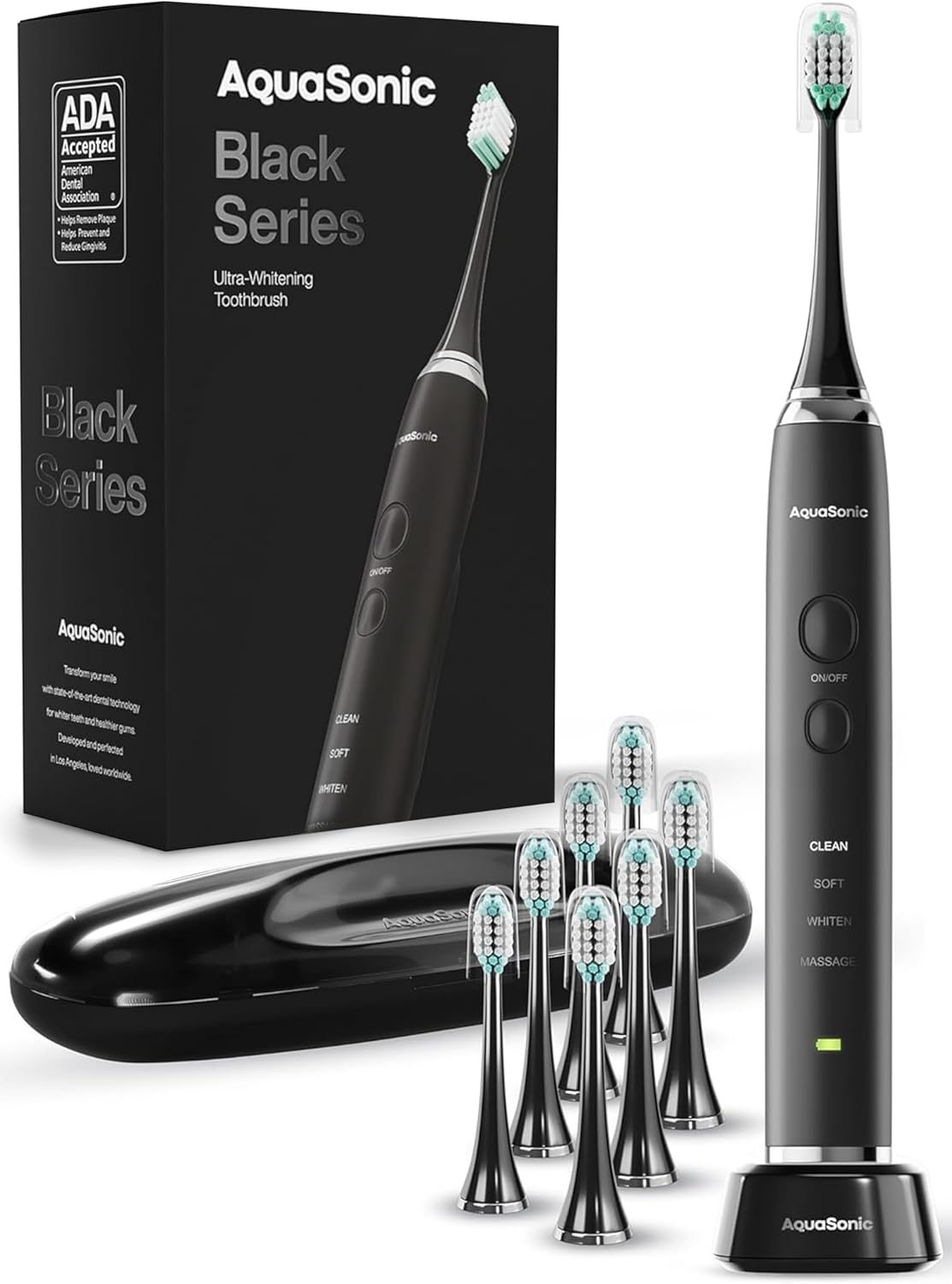 Black Series Ultra Whitening Electric Toothbrush with 8 Brush Heads and Travel Case