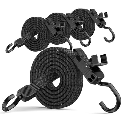 Bungee Cords with Hooks, 48 Inch Adjustable Flat Bungee Straps with Quick Release Buckle, Rubber Black Heavy Duty Elastic Cords with Metal Hooks for Bike Rack, Outdoor, Camping, Tarp, 6 Pack