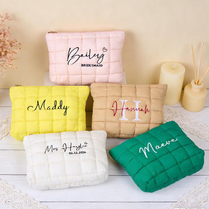 Personalized Puffer Quilted Makeup Bag with Embroidered Name, Custom Toiletry Cosmetic Pink Pouch for Girl, Monogram Travel Organizer for Women Bachelorette Party Bridal Wedding & Birthday Gifts
