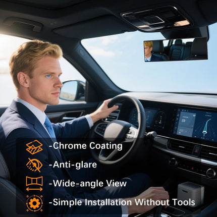 Rear View Mirror, Chrome Anti-glare Panoramic Rear Mirrors Universal 10 Inch Convex Car Interior Clip on Extra Big Wide Angle Rearview Mirror Extender to Reduce Blind Spot for Car SUV