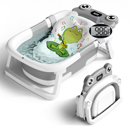 Baby Bathtub, Collapsible Newborn Bathtub for Infant to Toddler with Soft Cushion and Thermometer,Portable Travel Newborn Tub with No-Slip Feet, Baby Shower Gifts, 0-12 Months Baby Bath, Grey