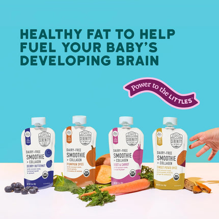 Serenity Kids 6+ Months Dairy Free Smoothie Baby Food Pouches - Protein Snack Pouches with Grass-Fed Collagen & Healthy Fats - USDA Organic Baby Food with No Added Sweeteners - 3.5 Fl Oz, Pack of 8