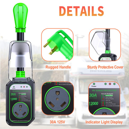 GEARGO RV Surge Protectors 30 Amp, 12000 Joules RV Circuit Analyzer, IP68 Surge Voltage Protection, RV Adapter Plug for Camper (Green)