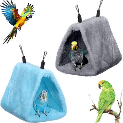 2 Pack Warm Bird Nest House, Plush Hanging Hammock & Snuggle Cave for Pet Birds, Soft Cozy Hideaway Tent Sleeping Bed for Parrot, Macaw, Budgies, Cockatiels, Conures, Lovebirds (Small, Blue & Grey)