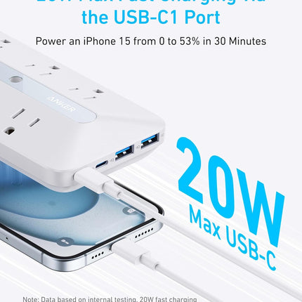 Anker Outlet Extender, Power Strip with 300J Surge Protector, 10-in-1 with 6 AC, 2 USB A, 2 USB C Ports, Wide-Spaces Outlets and 20W Fast Charging, Dorm Room Essentials
