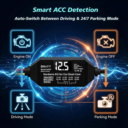USB C Hardwire Kit for Dash Cam with Low Voltage Protection,Acc Detection,4-Level Adjustable Voltage (11.6V-12.5V)&Digital LED Voltmeter,3-Lead Cable for Dash Camera Parking Mode,Fuse Taps Included