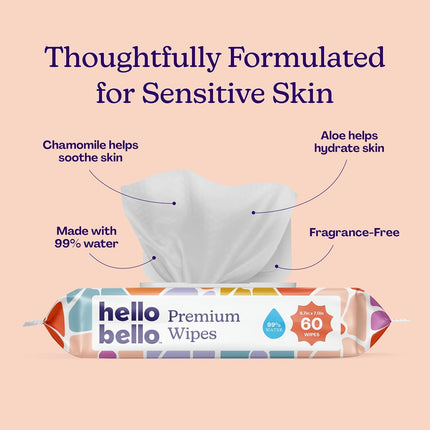 Hello Bello Premium Wipes, Designed for Sensitive Skin with Chamomile & Aloe Extracts, Flower Pop (18 Resealable Packets = 1080 Total Wipes)