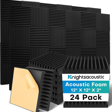 Knightsacoustic 24 Pack Sound Proof Foam Panels for Walls with Self Adhesive, 12x12x2 Acoustic Foam Panels, High Density Acoustic Panels Sound Absorbing, Fire Resistant Studio Sound Proofing Black