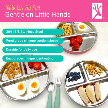 Elk and Friends Stainless Steel Divided Plates with Silicone Sleeve for Babies & Toddlers | Lids Included | Stay Put Suction | Dinner & Snack Plates | 2 Pack