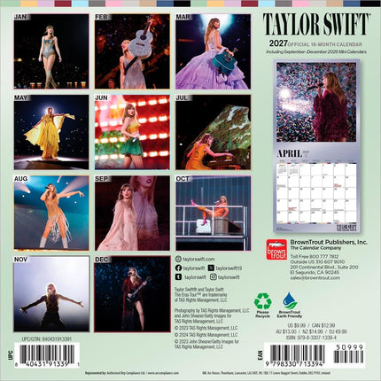 Taylor Swift OFFICIAL | 2027 7 x 14 Inch (Hanging) Monthly Mini Wall Calendar | BrownTrout | Music Pop Singer Songwriter Celebrity