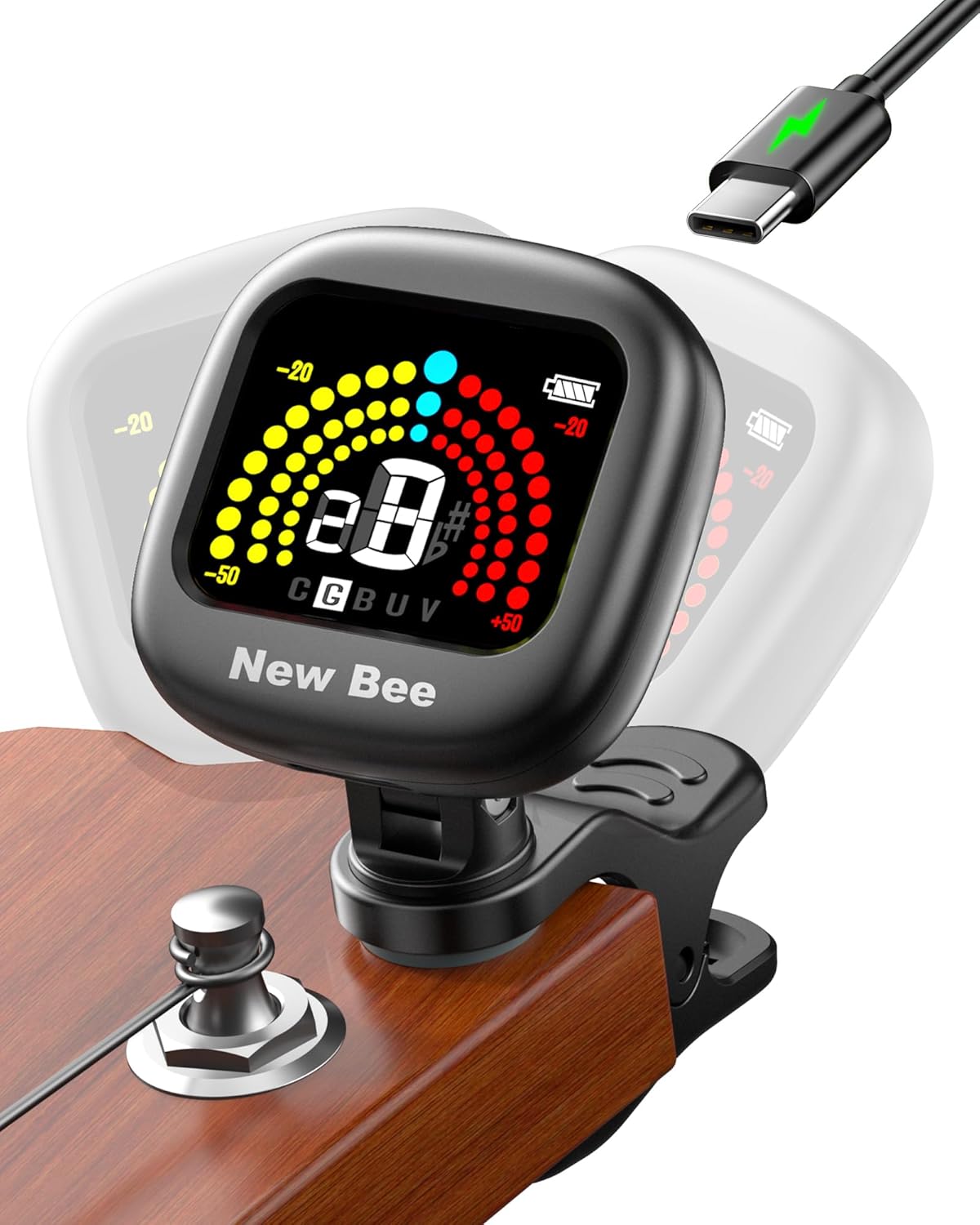 Rechargeable 360° Clip-On Chromatic Tuner for Guitar, Bass, Ukulele, Violin & Cello