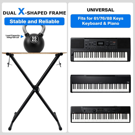 Double-X Keyboard Stand,7 Adjustable Heights Piano Stand with Locking Straps, Heavy Duty Piano Keyboard Stand Fits for 54，61，88 Key Digital Pianos