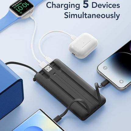 VRURC Portable Charger with Built in Cables, Slim Power Bank 10000mAh, USB C Travel Battery Pack, 5 Output 2 Input External Charging Bank for iPhone 17 16 15 14 13,Samsung,Android-Black(1 Pack)