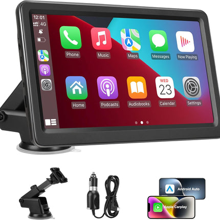 Carplay Screen for Car, 7" Wireless Carplay & Android Auto, Portable HD Touchscreen with Mirror Link, GPS Navigation, Voice Control, Hands-Free Calling, Bluetooth/AUX/FM, Plug & Play Car Play Screen