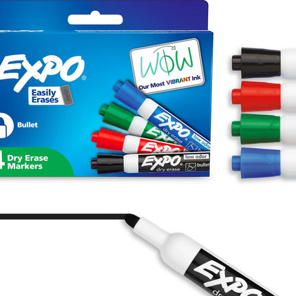 Dry Erase Markers, Low Odor Ink, Bullet Tip, 4 Count - Whiteboard, Calendar, Organization, Essential Supplies for Office, School, Classroom, Teachers