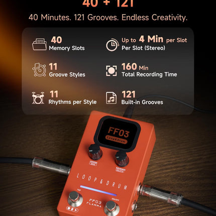 FLAMMA FF03 Looper Pedal Drum Machine, Drum Looper Guitar Pedal with LED Indicators, 160 Min Recording, 121 Drum Grooves, 40 Loop Slots, Undo/Redo, Fade Out, Sync Mode, USB & Headphone Out