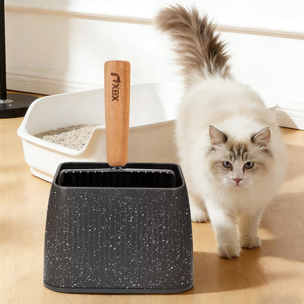 Pala para arena de gato con soporte, cernidor resistente, pala de acero inoxidable, mango de madera de haya y base lavable, para limpiar el arenero