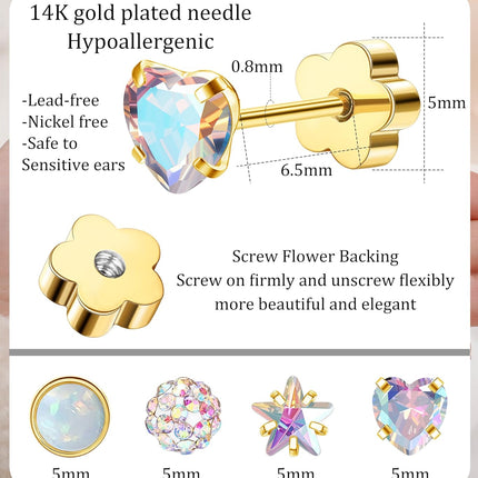 Enticera 4Pairs 14K Gold Stud Earrings for Women Girls 316L Stainless Steel Hypoallergenic Earrings 20G Flat Back Handmade Nap Earrings Cute Screw Back Opal Heart Star Cartilage Earrings