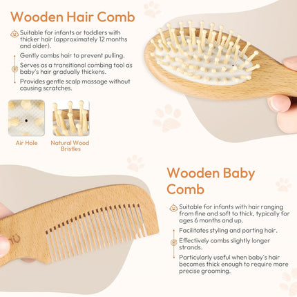 Baby Brush and Comb Set - 4 Piece Wooden Soft Bristle Hairbrush for Newborns, Baby Brush for Cradle Cap - Essentials Care Kit - Baby Shower Gift for Boys & Girls