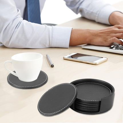 Leather Coasters Set of 6, Handmade Round Coaster for Drinks, Waterproof Non-Slip Heat Resistant Cup Mats for Coffee Table, Bar, Kitchen & Office, Protect Furniture from Watermark (Black)