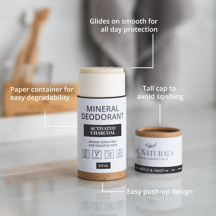 J&L Naturals Mineral Deodorant | Baking Soda-Free, 100% Natural, Sustainable Skin Care | Sensitive Deodorant For Women & Men | Aluminum Free, Vegan, Cruelty-Free (Activated Charcoal, 3 Oz (Pack of 1))