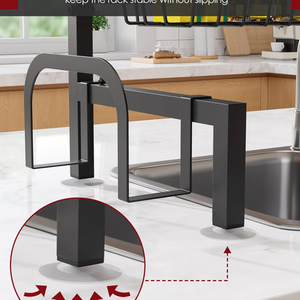 Over The Sink Dish Drying Rack - Adjustable 2 Tier Large Capacity Stainless Steel Drainer with Cutlery & Utensil Holders, Kitchen Storage & Organization, 30"-33.9" L x 11" W x 21.5" H, Black